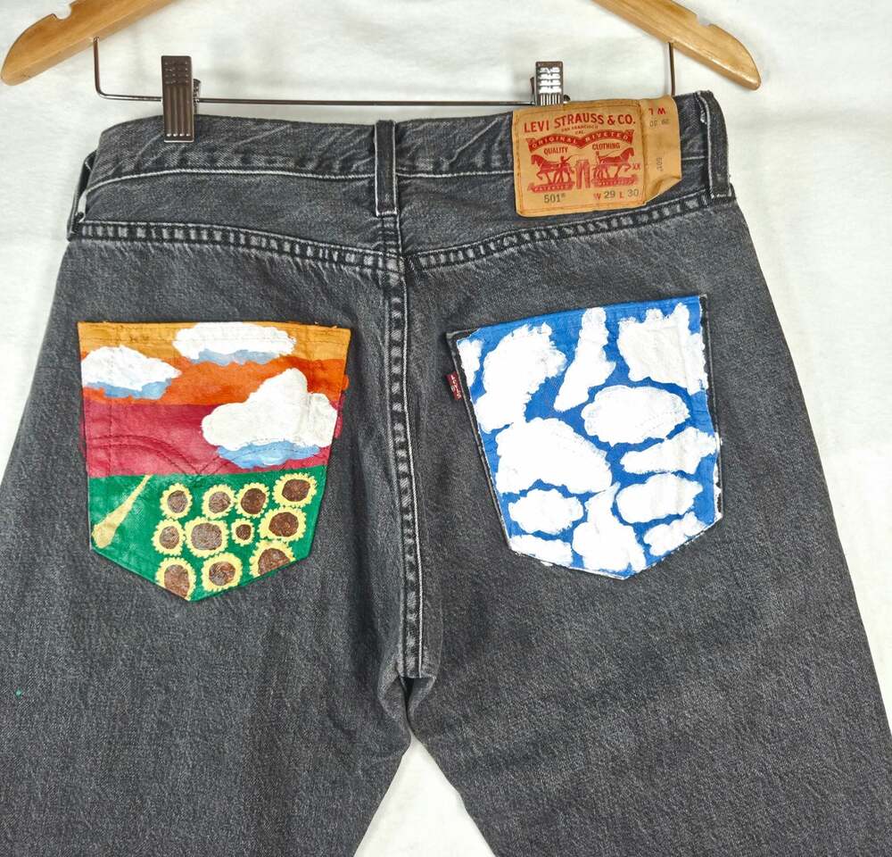 Levis 501 Jeans Mens 29x30 Black Custom Hand Painted Pockets Sunflowers Clouds